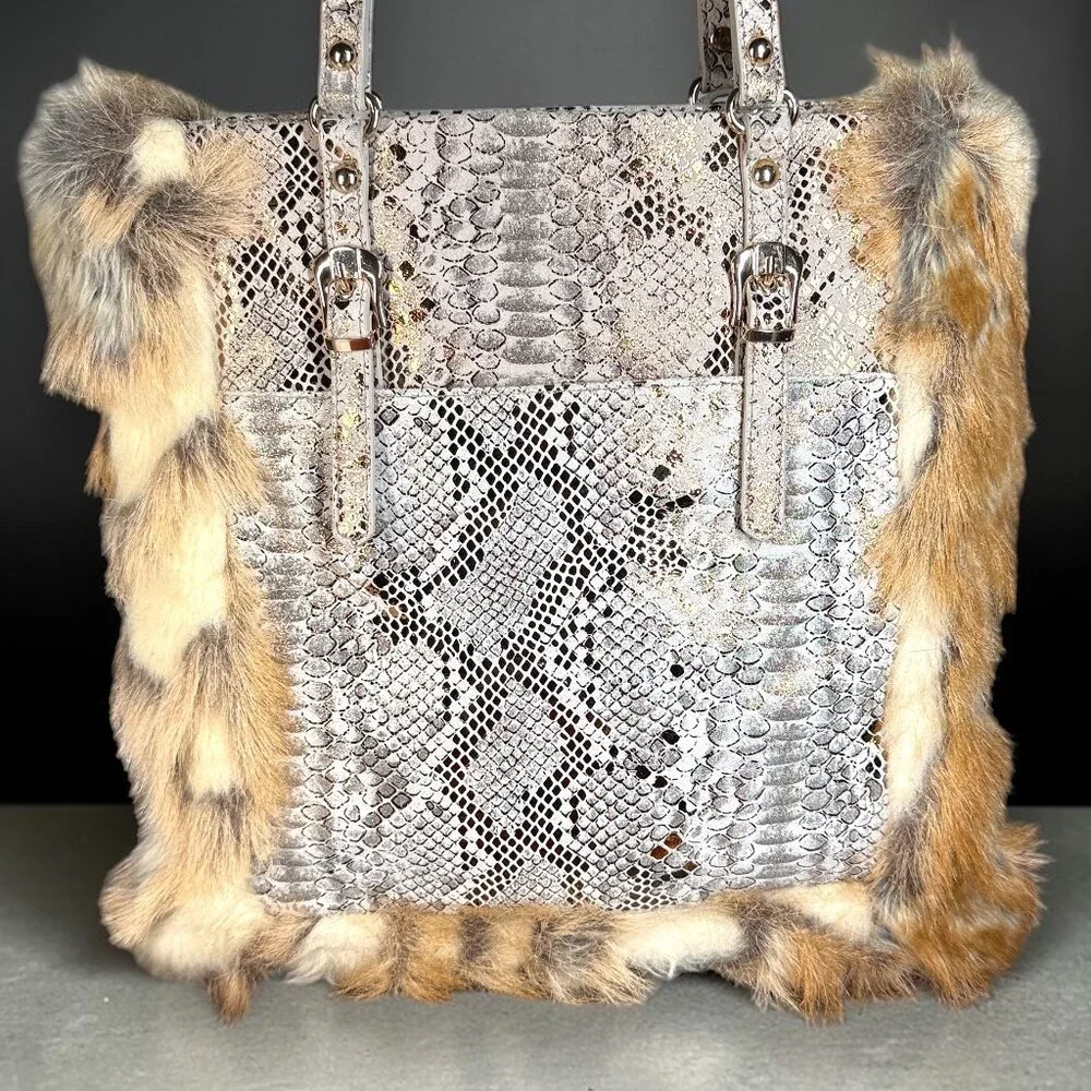Sharif Studio Rare Snake Embossed Leather & Faux Fur Trimmed Shoulder Tote Bag